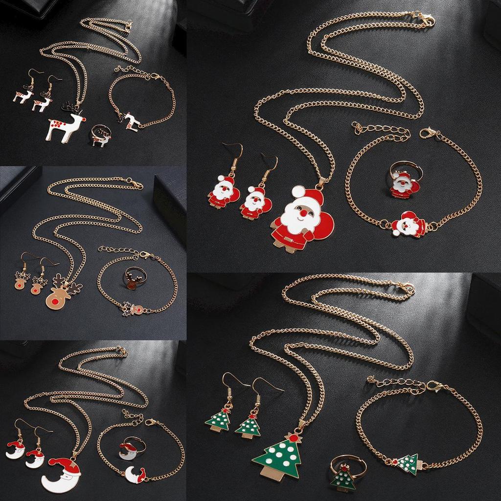 Christmas Cute Santa Necklace, Ring, Earrings & Bracelet Set - European & American Style