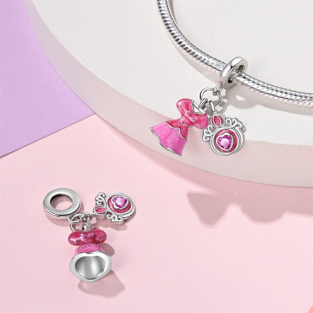 Charms Original Copper Pink Heart Princess Dress Pendant Beads Fit Bracelet Diy Fine Gift Women Delicate Jewelry Ac