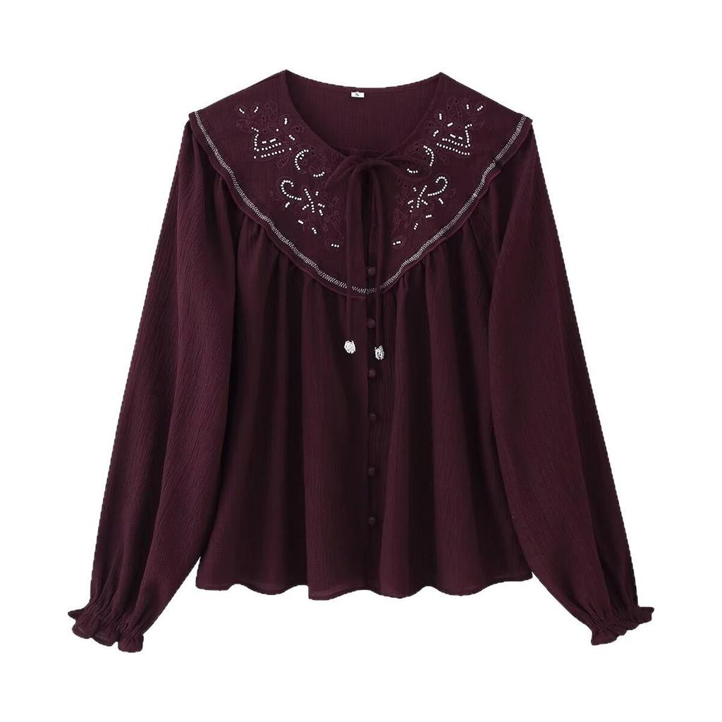 European Style Beaded Embroidery Long Sleeve Round Neck Shirt 577023