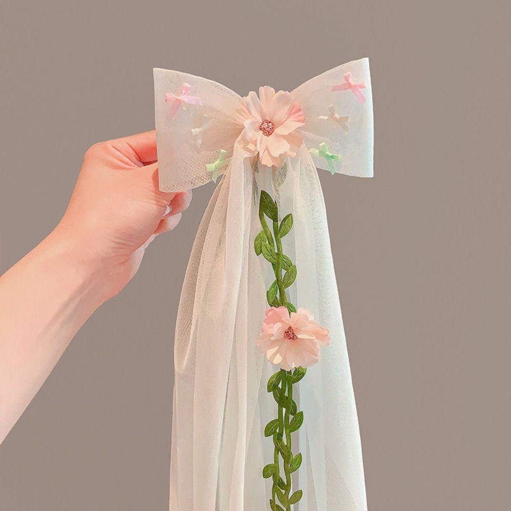 Flower Girls Tulle Wreath Wedding Princess Headwear White Bow Garland Veils for Kids