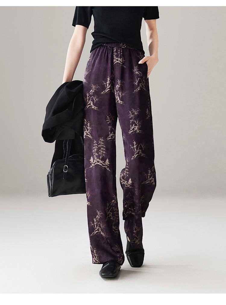 Chinese style printed casual wide leg pants for women in spring 2026, fashionable, loose and versatile, slimming and floor hugging pants