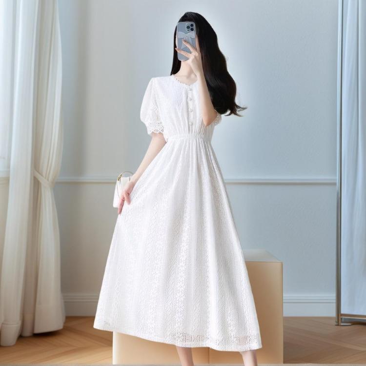 White Lace Dress for Women Long French Waist Hugging Summer Fairy Temperament Skirt S