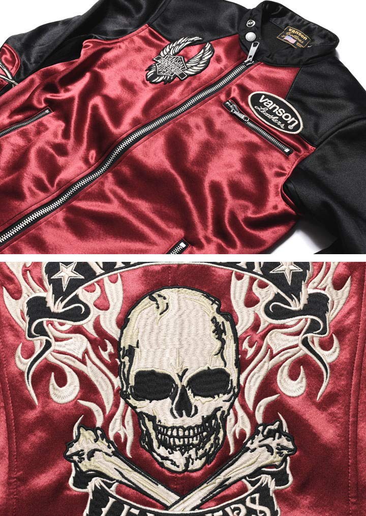 by our Riders Flying Fire Skull Embroidery Patch Bonding Riders Jacket Wine Red x [Banson] [Custom-ordered store] & JFV-901-WINERED-BLACK (XXL, Black)