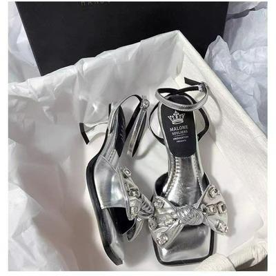 Fashion Summer New High Heels Rhinestone Bow Women's Shoes Square Head Thick Cross Strap One Line Buckle Sandals