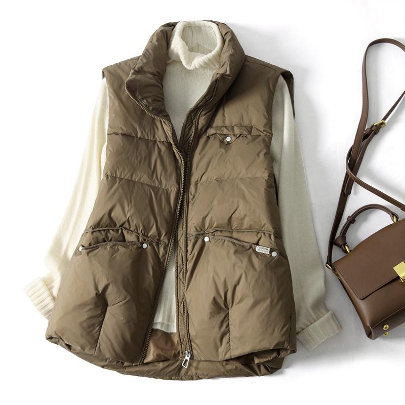 Women's Lightweight Stand Collar Down Vest with Rivet Pockets - Short, Warm, White Duck Down for Autumn/Winter 2023
