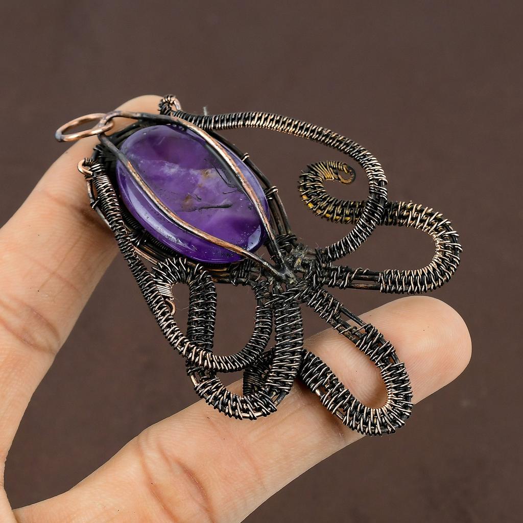 Octopus Sage Amethyst Handmade Copper Wire Wrap Pendant 3.46" Z5q83
