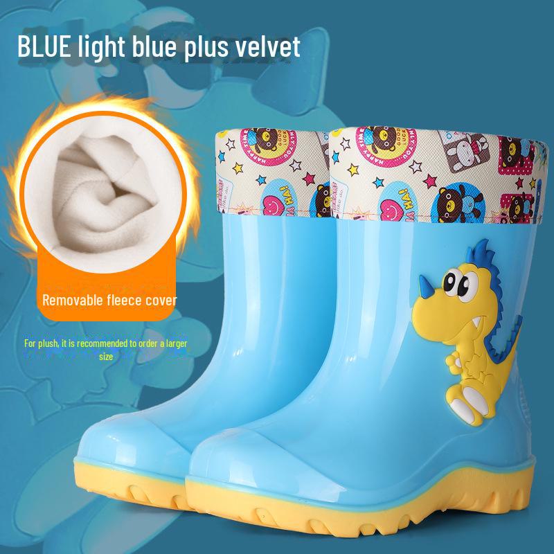 Cizme de ploaie cu dinozauri pentru copii: Pantofi de apă drăguți cu tub mediu și căptușeală de catifea pentru băieți și fete.