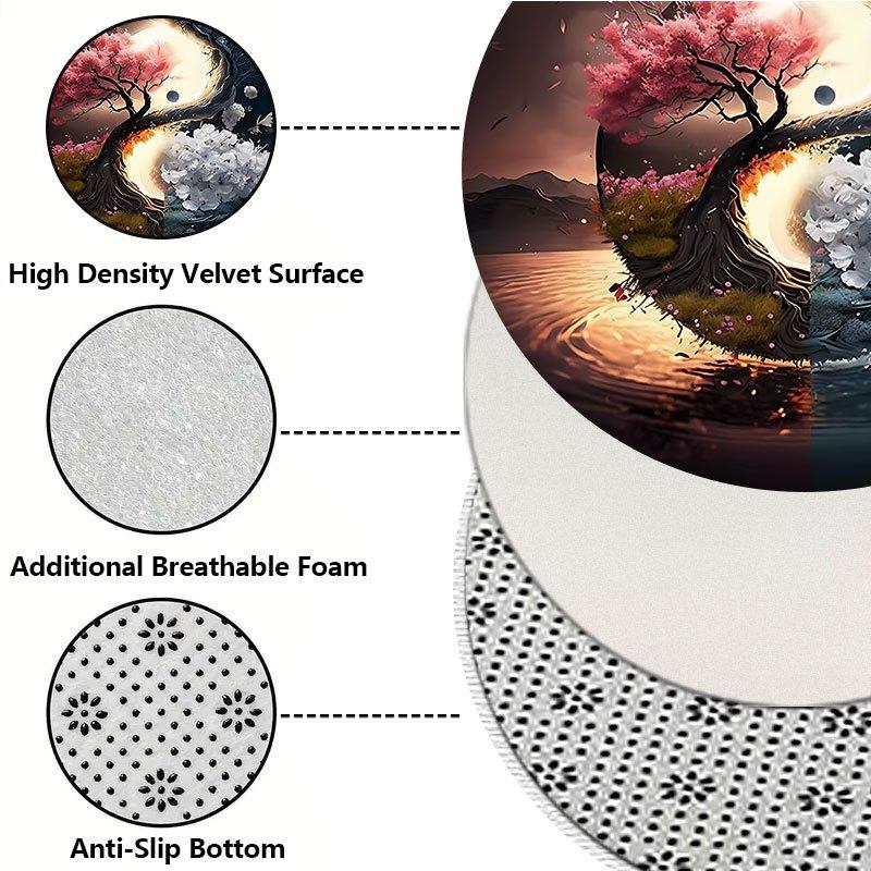 Cherry Blossom Mountain View Flannel-printed round floor mats are slip-resistant Suitable for living room terrace garden carpets