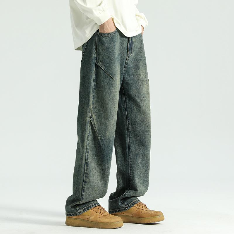 Осень Новейшие Ностальгические Синие Джинсы с Потертостями Мужские Удобная Посадка Винтажный Стиль Плиссированные Широкие Брюки M