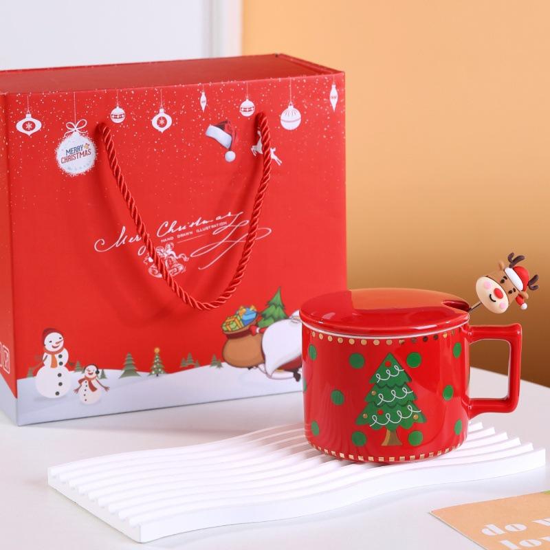 Cute Elk Christmas Ceramic Mug Set with Lid & Spoon - Perfect Holiday Gift