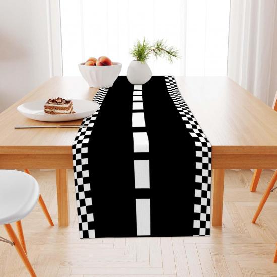 Black and White Checkered Road Table Runner, Race Car Theme Party Decorations for Boys Kids Birthday, 72x13 Inch Long Race Track Table Runner