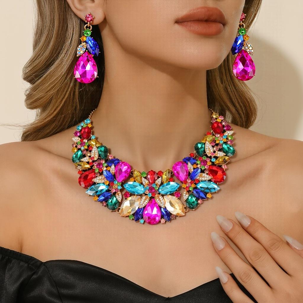 Exaggerated Crystal Flower Jewelry Set Bridal Necklace Earrings Wedding Party Dress Decoration Accessories