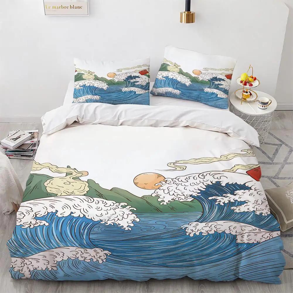 Comforter Wave Hokusai Pattern Japanese Ukiyoe Oriental Sketch Style Ocean Queen Twin Polyester Bedding Set