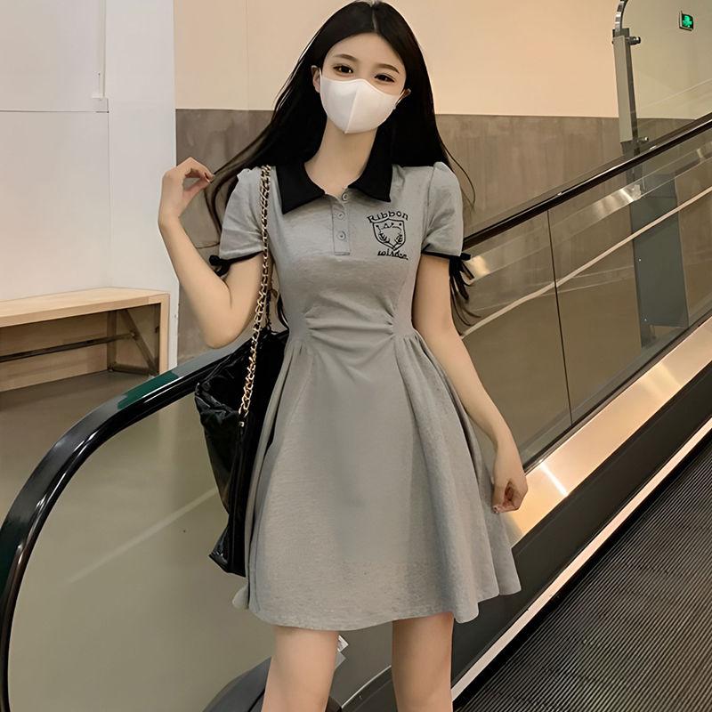Academic Style Lower Back Appear Thin Sweet Printing Montage Button A-line Women's Polo Dress Summer