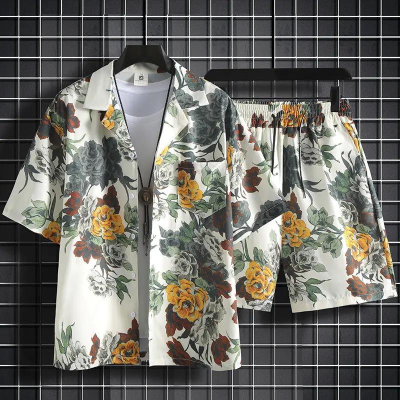 Shirts Man Sets Beach White Outfits 2 Piece Outfit Korean Two Set T-shirts Shorts Suits For Men Chic Stretch Loose Cool Shirts