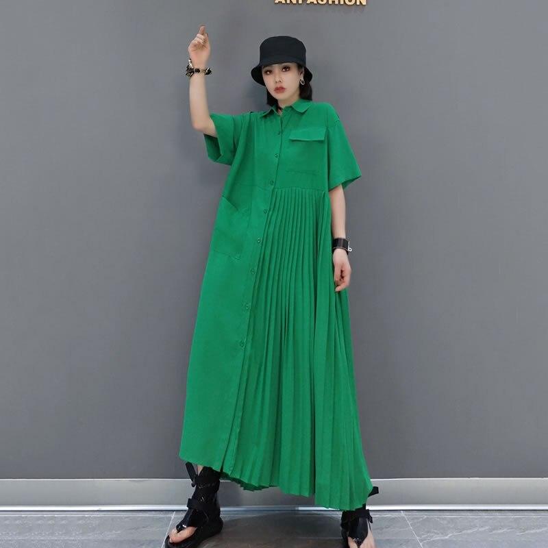 Xitao Irregular Splicing Pleated Green Dress DMY4747