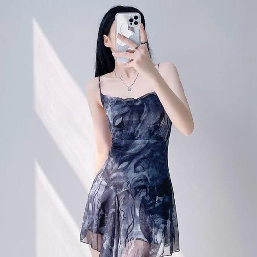 Summer Suspender Dress Women Wear Thin Versatile Short Skirt Pure Lust Hot Girl Cross Backless Irregular Print