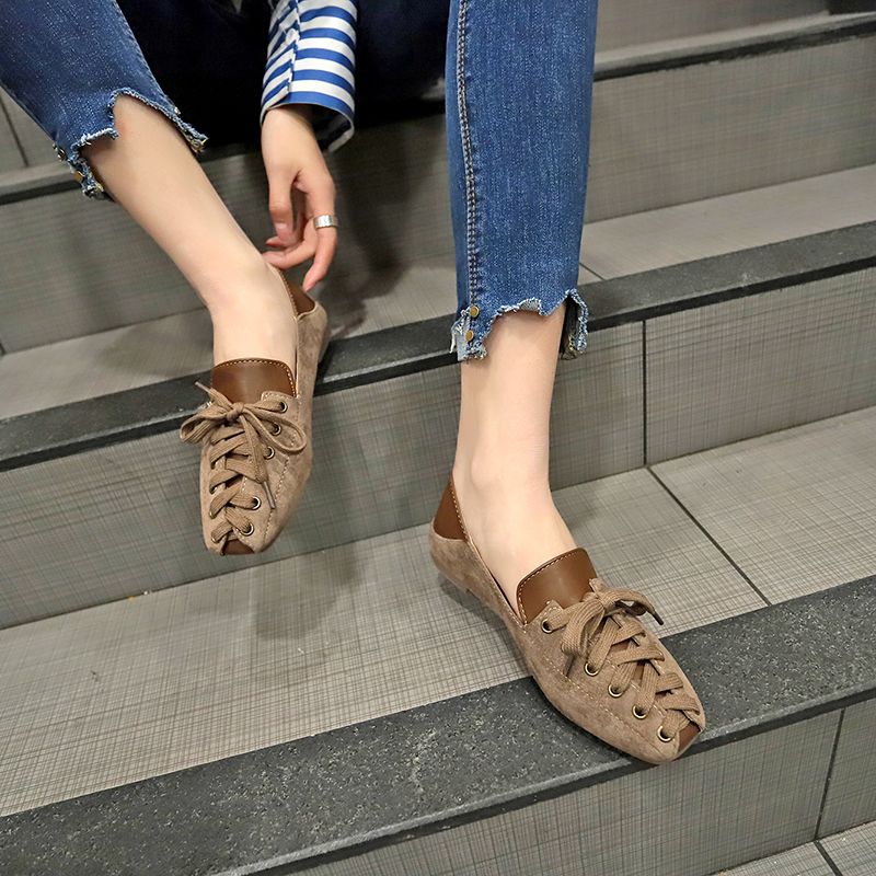 Pavasara un vasaras sieviešu apavi Šņorējami, sekli, plakanu papēžu kvadrātveida purngali Universālas retro stila virskurpes