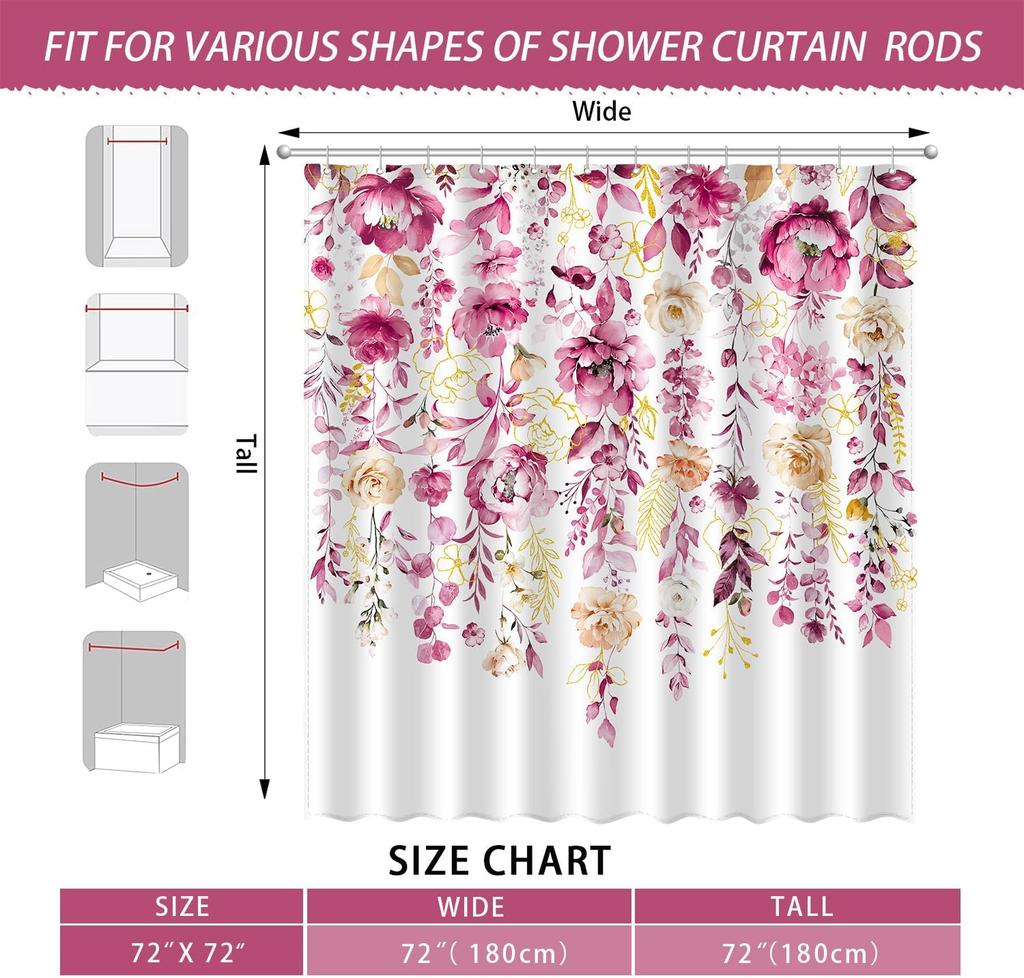 Watercolor Rose Floral Leaf Shower Curtain, Flower Botanical Leaves Modern Aesthetic Art Bathroom Decor, Polyester Fabric Bath