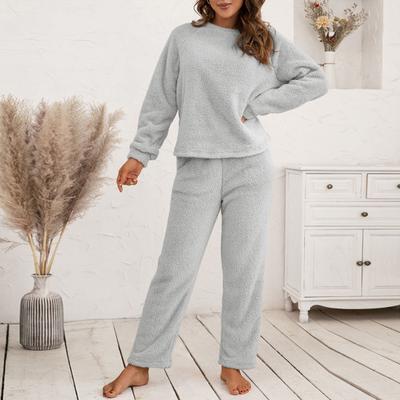 2 Pcs/Set Pajama Set Autumn Winter Casual Outfit Top Pants Set Round