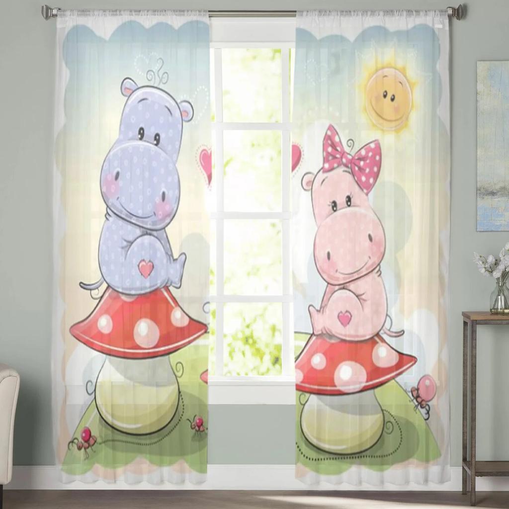 Cartoon Animal Hippo Mushroom Sheer Curtains for Living Room Child Bedroom Tulle Curtains Kitchen Window Treatments Panel Drapes