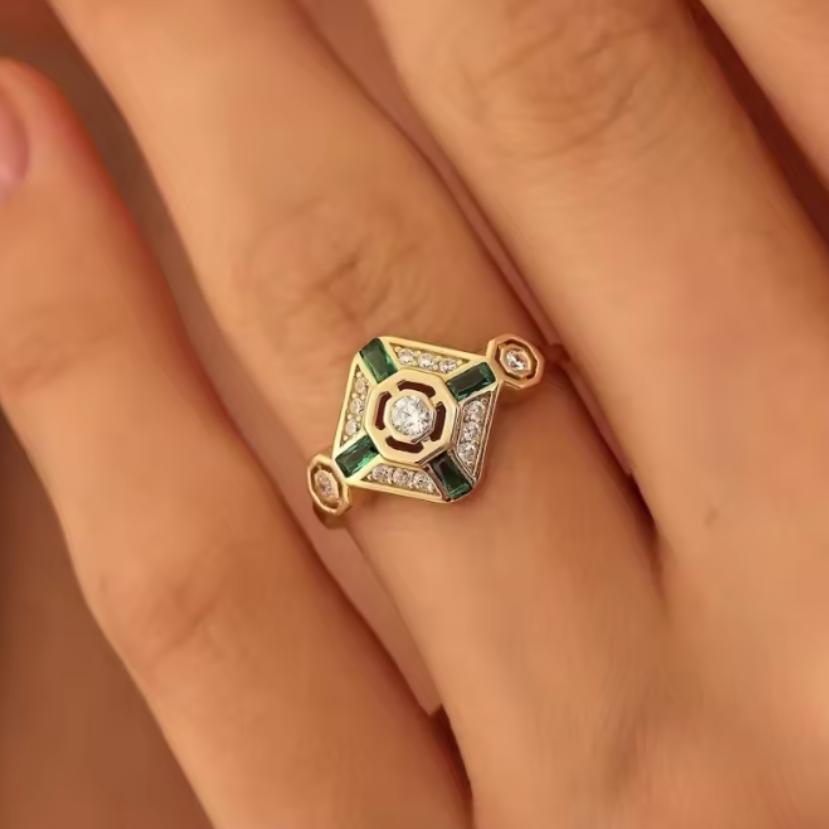 European and American Style Sparkling Zircon Geometric Ring, Women's Retro Trendy Holiday Accessories Jewelry