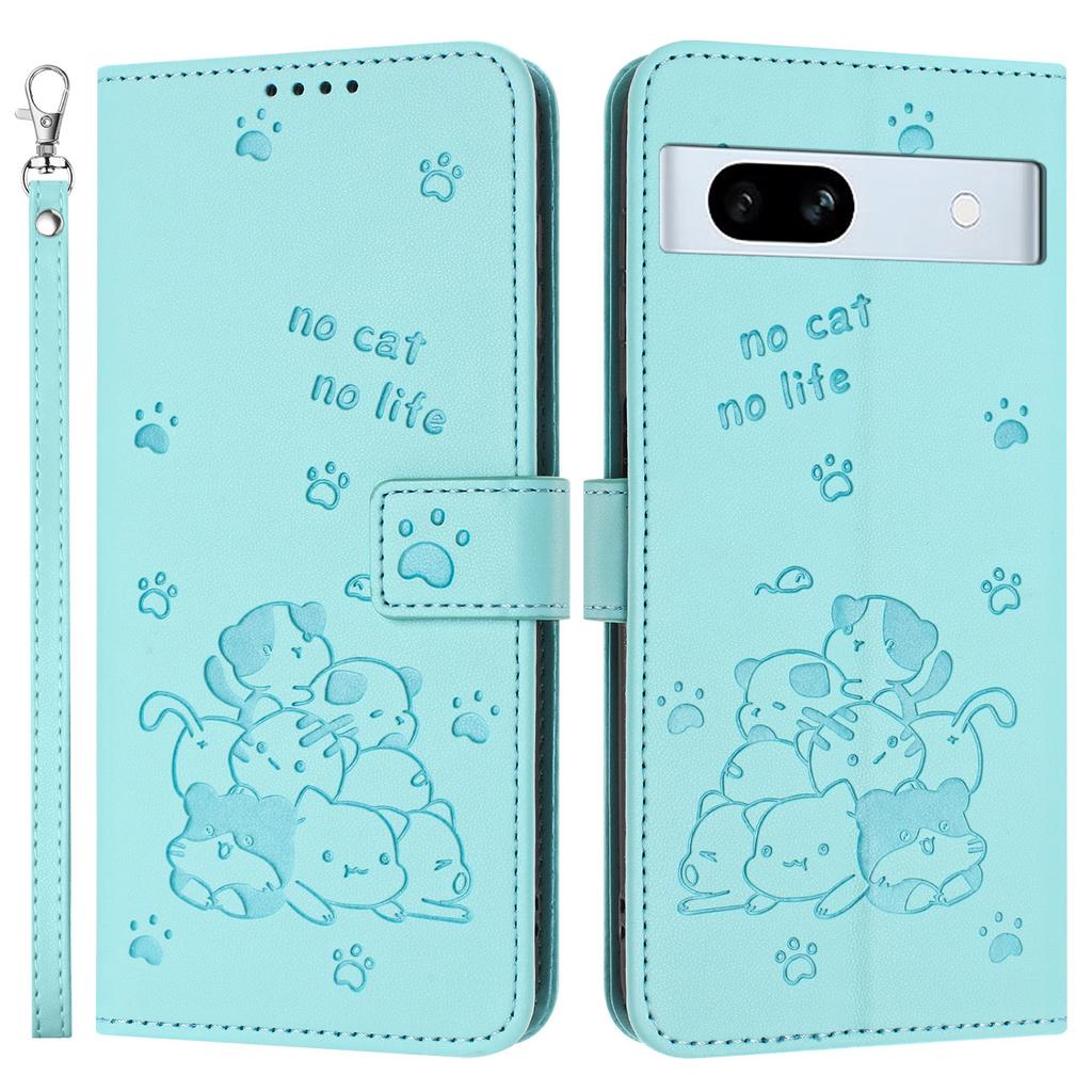 For Google Pixel 7a Case with Strap Cats Imprint Leather Wallet Phone Cover