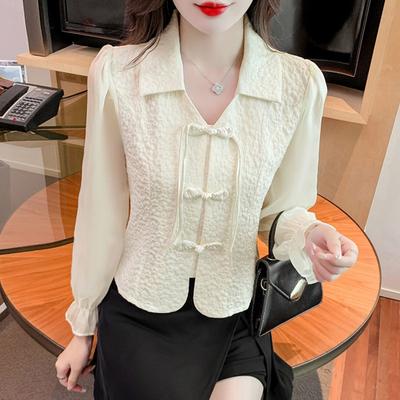 Camisa de Gasa Estilo Chino Camisa de Botones para Mujer Manga Larga Primavera y Otoño Nuevo Estilo Ceñida a la Cintura Top Adelgazante