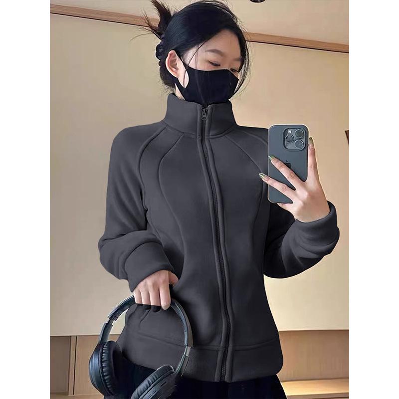 Damen Schwarze Fleecegefütterte Slim Fit Windjacke, Herbst/Winter 2025, Stehkragen, Normale Schulter.