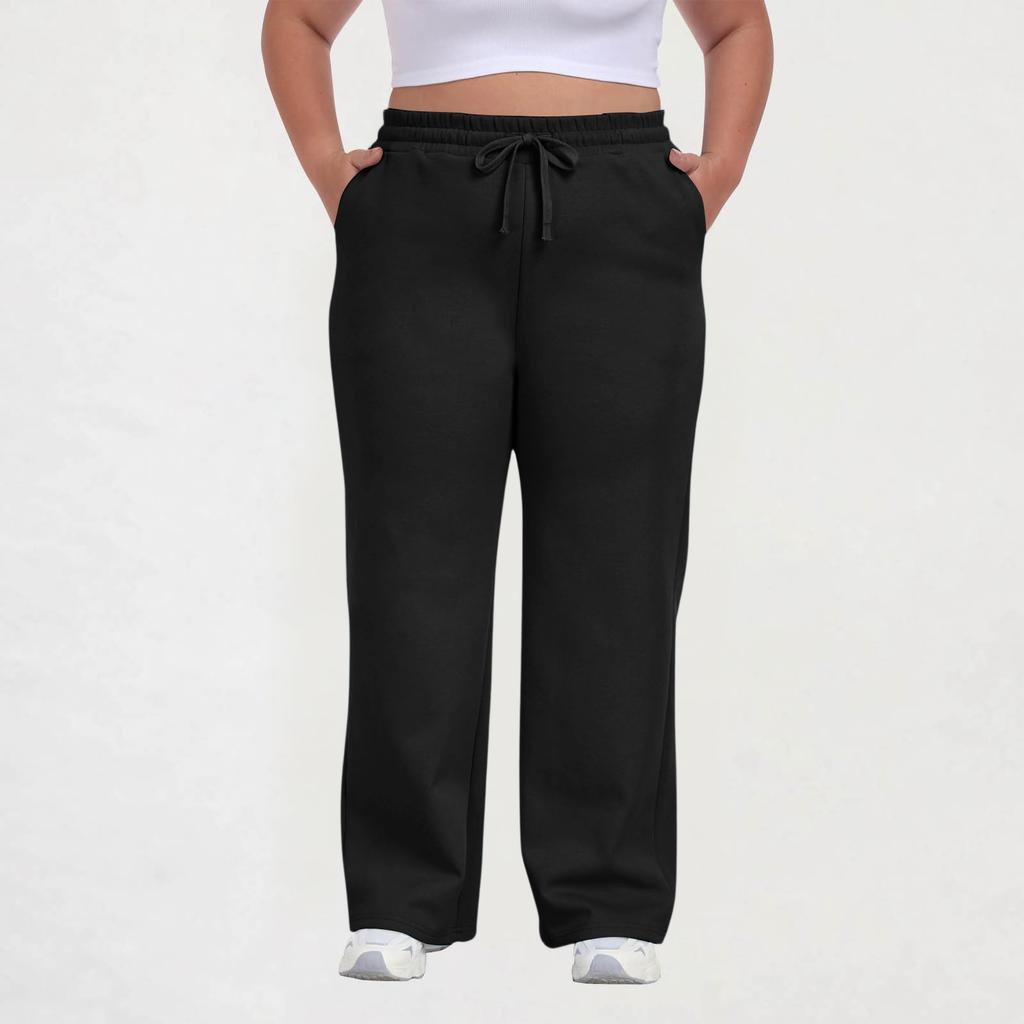 Women Plus Size Casual Loose Straight Leg Sweatpants with Pockets Drawstring Waist Relaxed Fit Lounge Trousers for Daily Wear