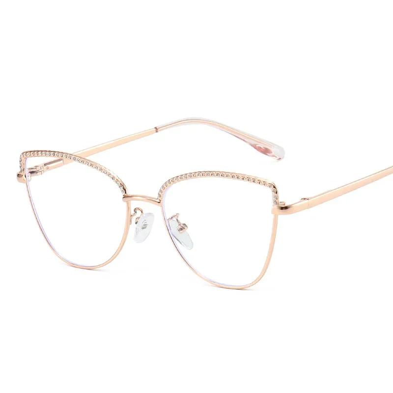 Metal Frame Cat Eye Eyeglass Diamond Bordered Anti Blue Light Glasses Fashionable Vintage Women Eyewear