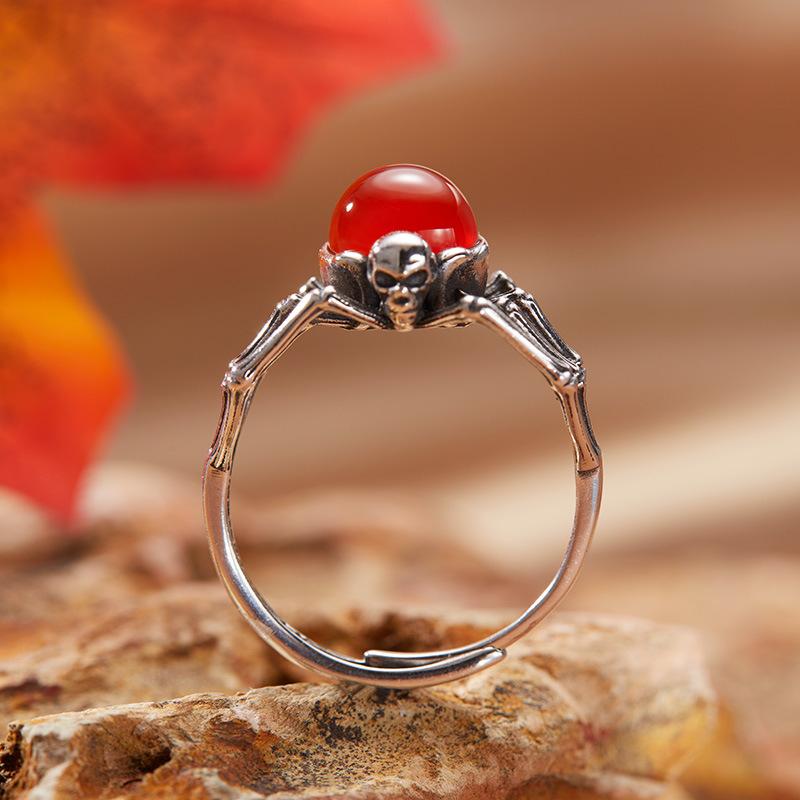 

Natural Gemstone Blue Gold Jasper Red Corundum Agate Personalized Retro Skull Ring Women S S925 Sterling Silver Index Finger Ring