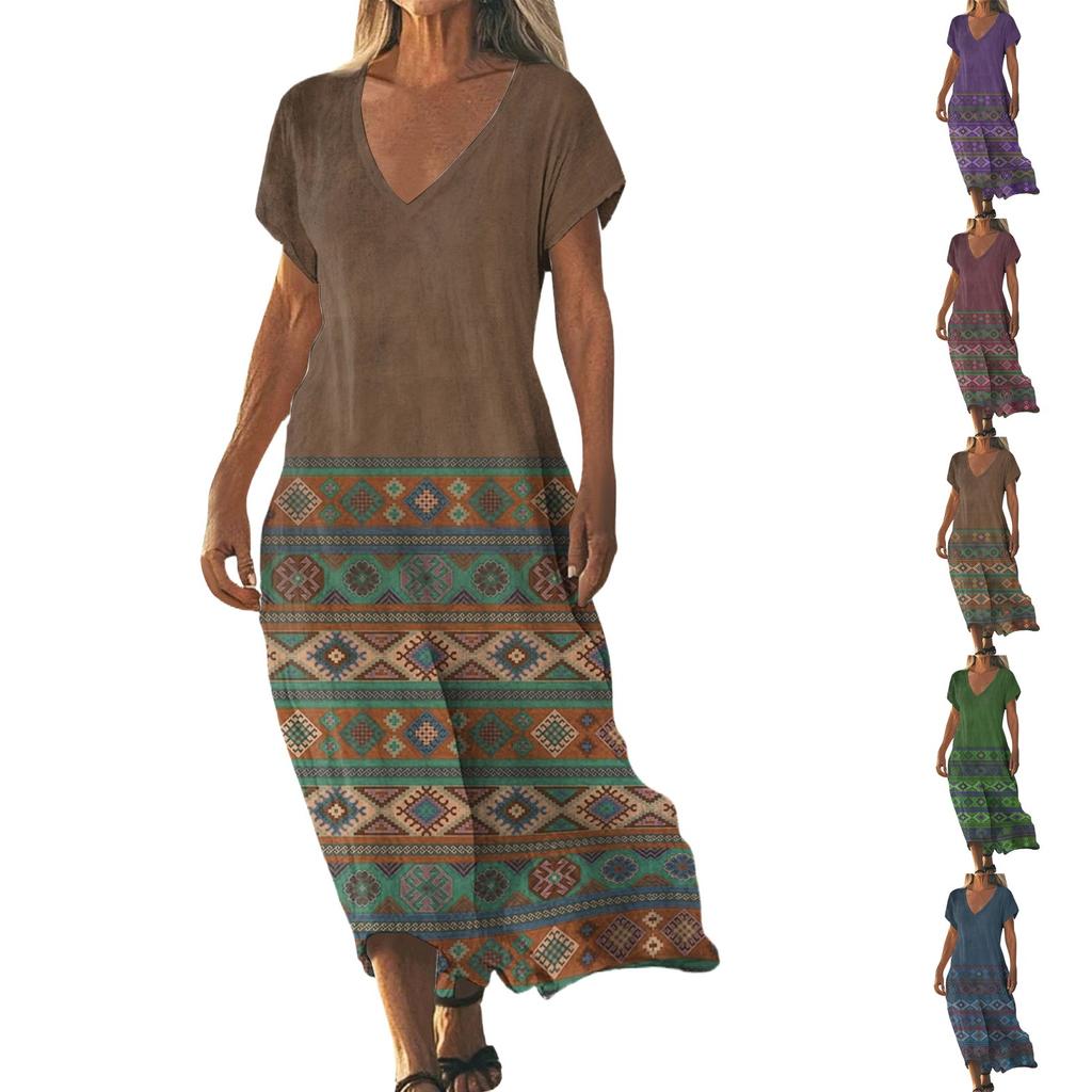 Fashion Women's Summer V-neck Short Sleeve Cotton And Linen Vintage Floral Print Beach Dress