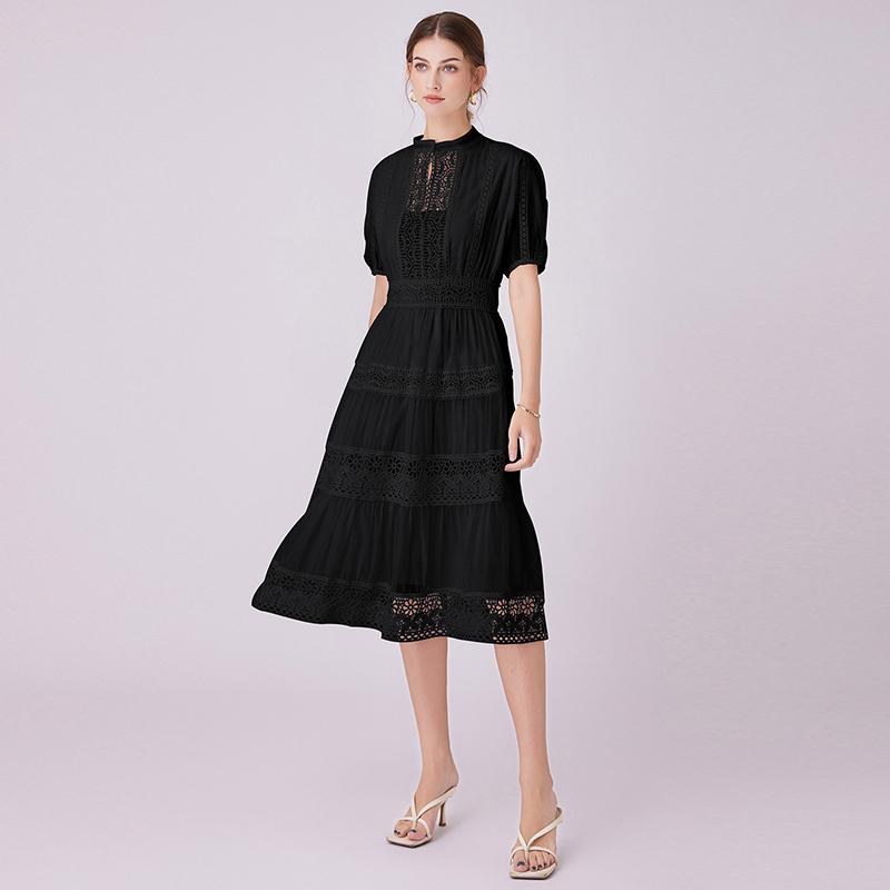 

Елегантні сині однотонні сукні довжини міді, жіночі прості літні сукні з коротким рукавом, мереживом у печворку. XXL чорний