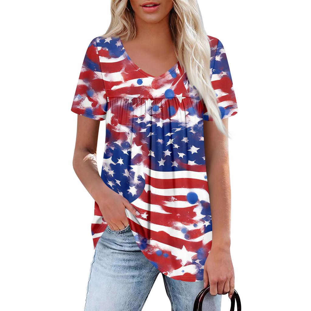 Women's Casual V-Neck Short Sleeve Chest Ruffle Printed Top