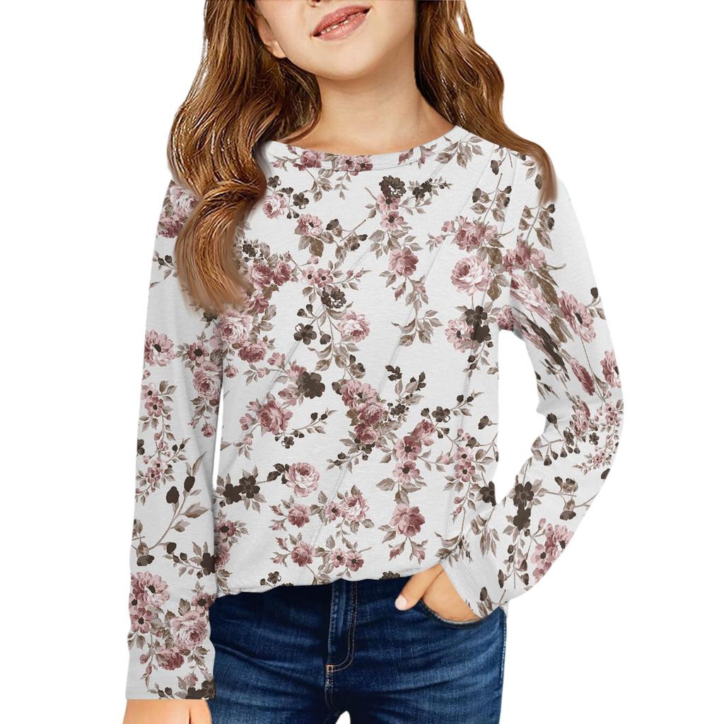 Girls' Long Sleeve Tee - Pleated Round Neck Casual Top