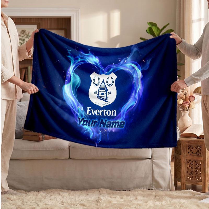 Everton FC Personalized Fleece Blanket With Football Logo, Custom Name Text Soft Warm Home Throw Blanket