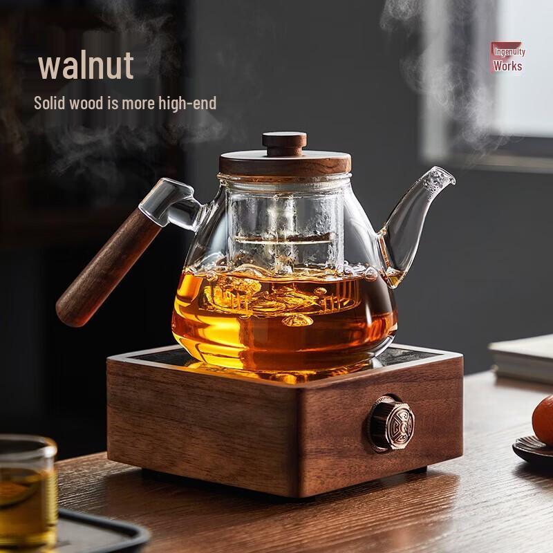 YIHUTEA Glass Tea Pot and Walnut Wood Stove Set