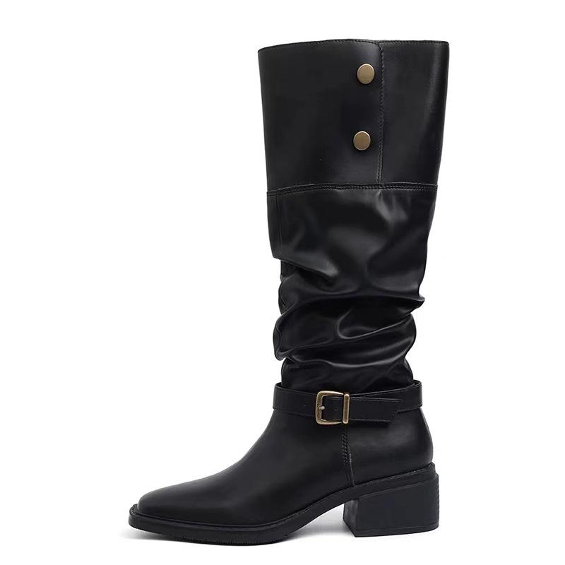 Cowhide version retro platform boots women's two wear belt buckle pile boots thick heel versatile tall western cowboy boots