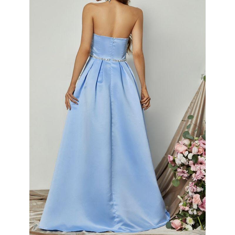 Export Single Elegant Stylish Beautiful All-Match Wrapped Chest Ruched Smooth Fabric Diamond Decorations White Fashion Banquet Dress