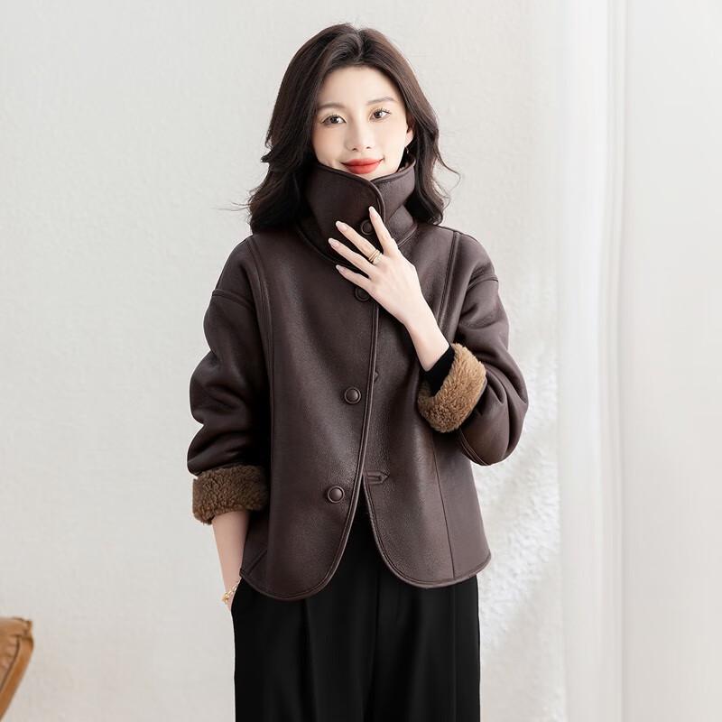 Women's Fleece Lined Faux Leather Lapel Jacket