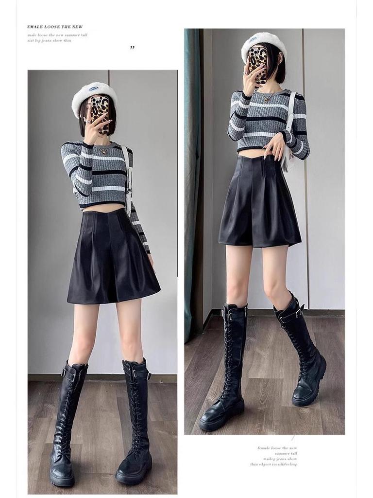 Women's High-Waist Khaki A-Line PU Leather Shorts, Autumn/Winter 2024, Wide-Leg Bootcut Casual Wear
