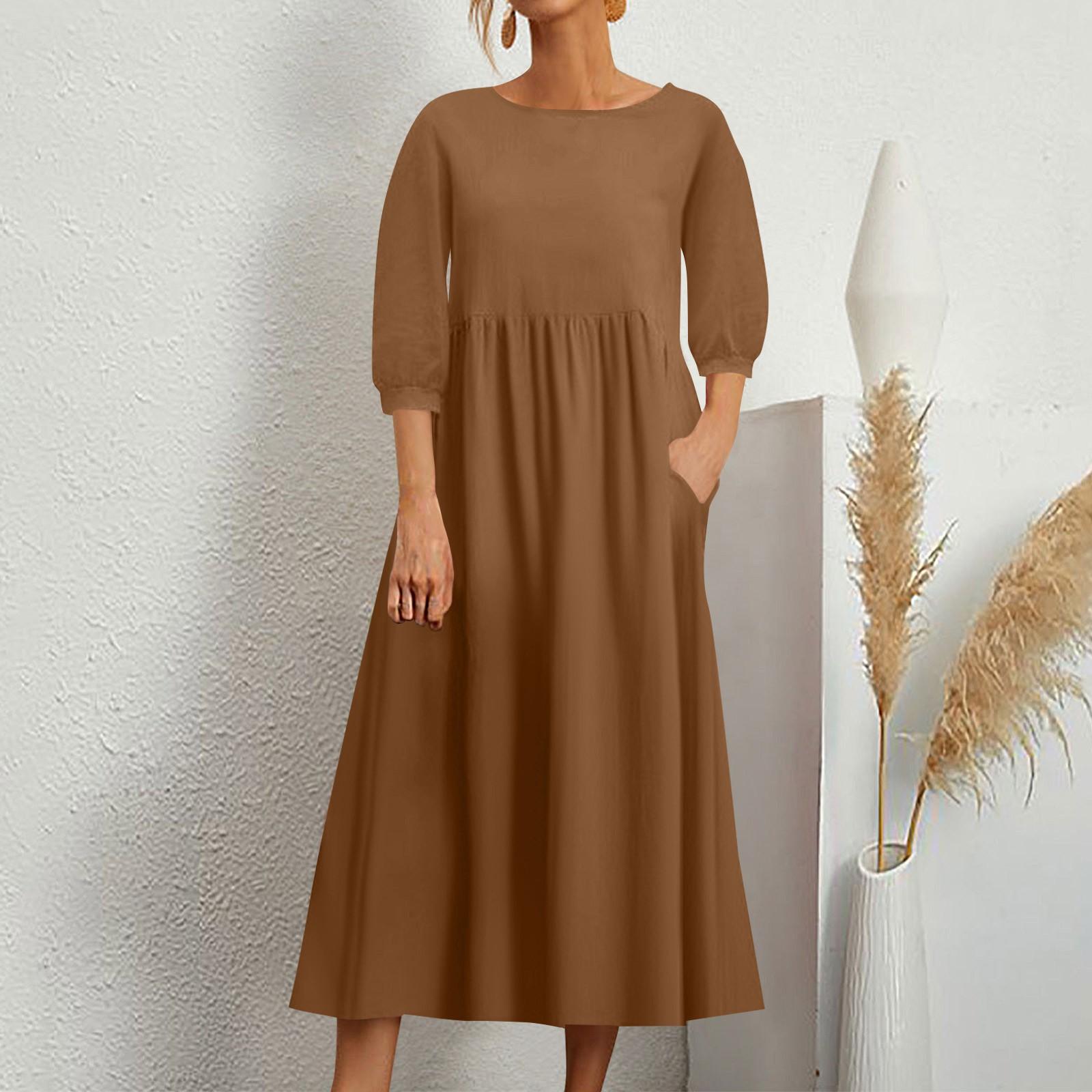 Women s Fashion Color Loose Cotton Linen Pocket Mid-Sleeve Long Dress M коричневый