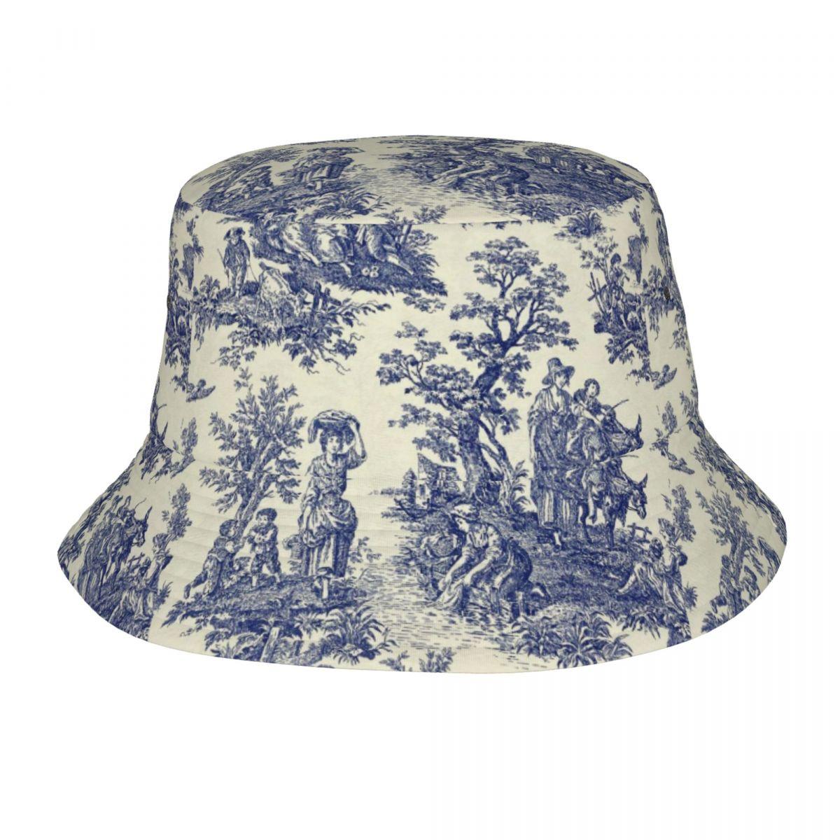 

Модные синие панамы Toile De Jouy, женские унисекс французские темно-синие мотивы, уличная солнцезащитная летняя рыбацкая кепка