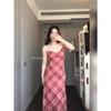 Mesh + Inner Double Layer, Retro Red Plaid Dress Women's V-neck Lace Splicing Mesh Suspender Skirt Long Dress