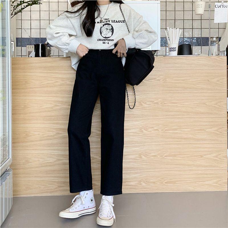Chubby Girl Loose Straight Wide Leg Fleece Padded Jeans Black S(Suggestion 40-45kg)