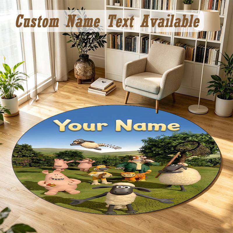 Round Rug Custom NameShaun the Sheep Pattern Non Slip Carpet Home Floor Decor