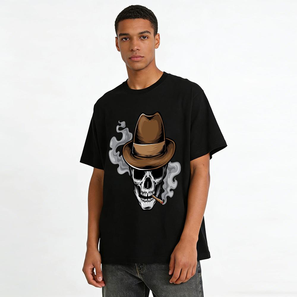 Vintage Gangster Skull Cigar Print Men's Casual Short Sleeve T-Shirt Pure cotton T-shirt