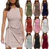 Women's Fashion Solid Colour Sleeveless Round Neck Bow Irregular Belt Hip Wrap Dresses