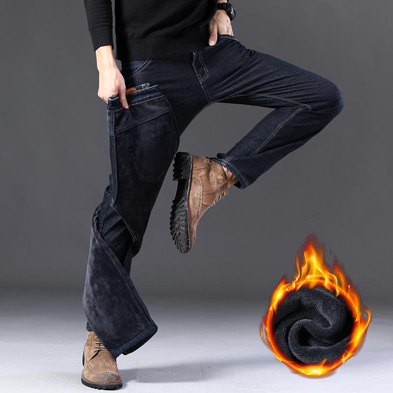 Herre Fleece Jeans Vinter Ny Pluss Størrelse Tykk Varm Rett Stretch Herre Business Casual Arbeid Denim Tykkere Bukser